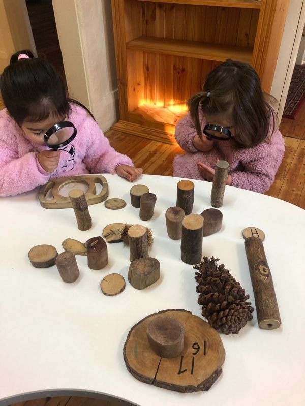 kids exploring wood sections